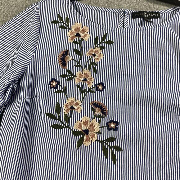 Fred David Striped Embroidered Flowers Bell Sleeves Blouse Size S - Picture 3 of 4